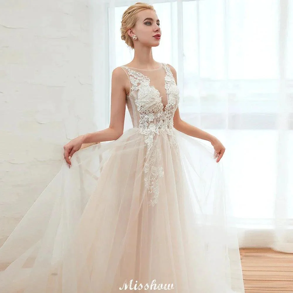 Illusion Neck Champagne Wedding Dress Sleeveless Summer Bridal Gown - Image 3