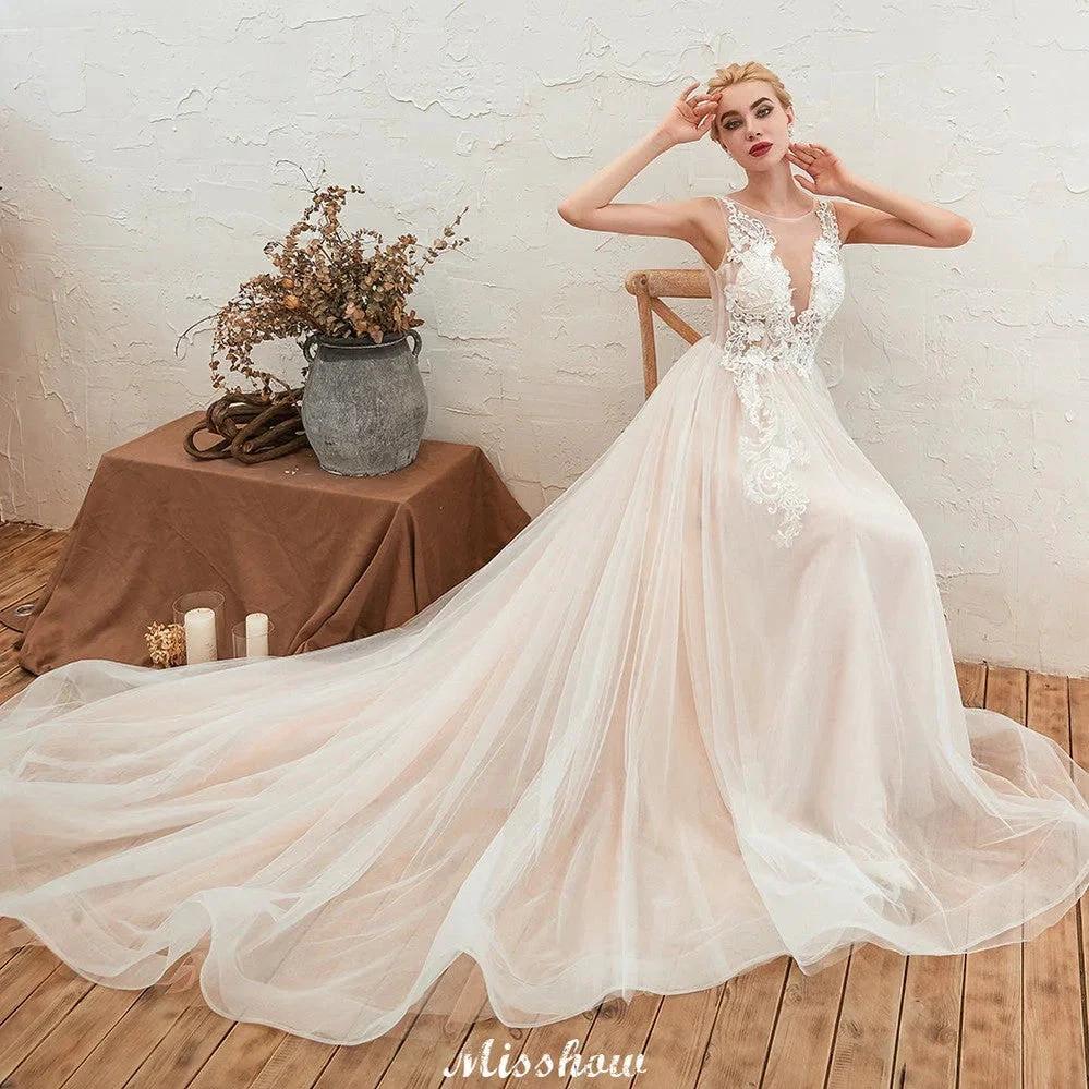 Illusion Neck Champagne Wedding Dress Sleeveless Summer Bridal Gown - Image 4