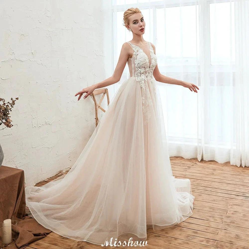 Illusion Neck Champagne Wedding Dress Sleeveless Summer Bridal Gown - Image 5