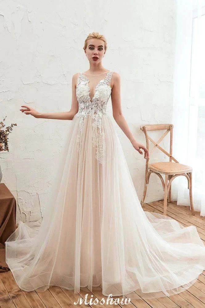 Illusion Neck Champagne Wedding Dress Sleeveless Summer Bridal Gown - Image 6