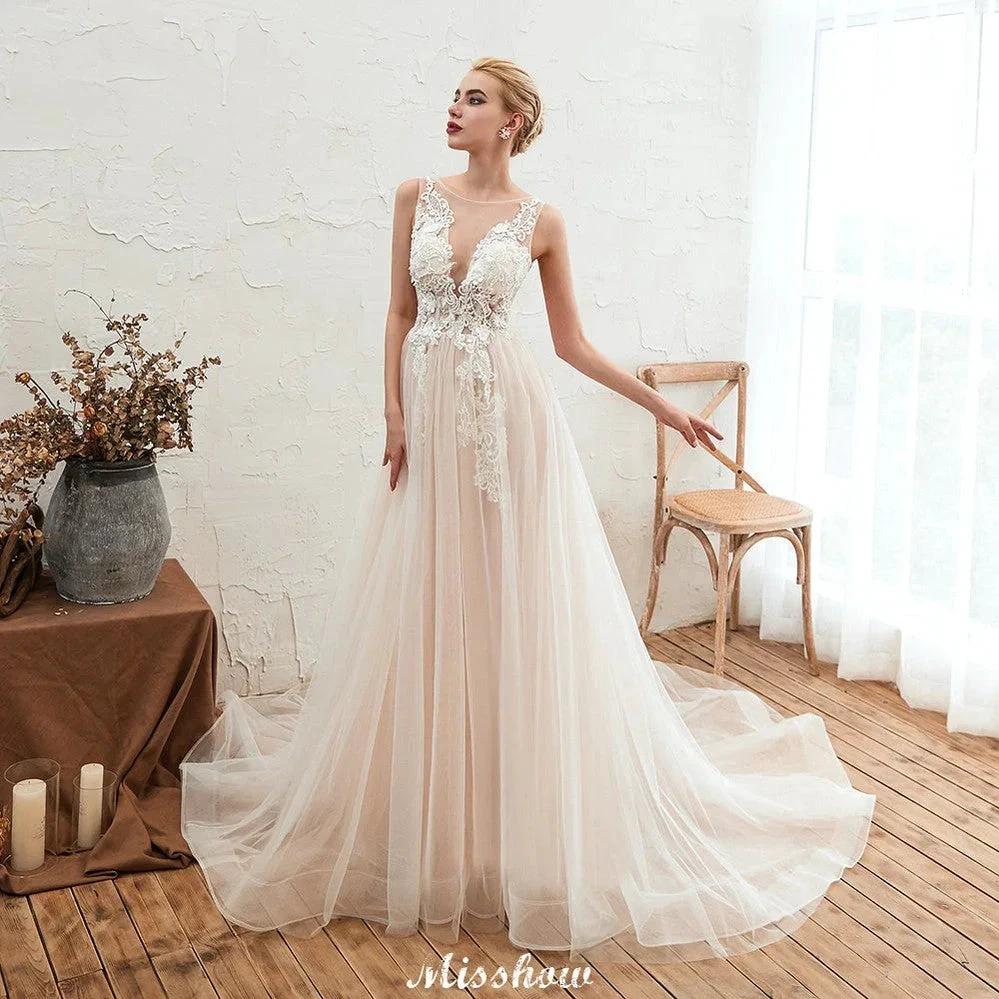 Illusion Neck Champagne Wedding Dress Sleeveless Summer Bridal Gown - Image 7