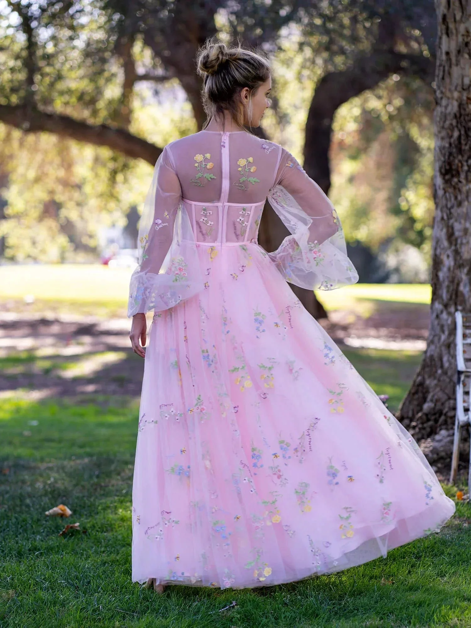 Illusion Neck Floor Length Tulle Pink Prom Dress - Image 2
