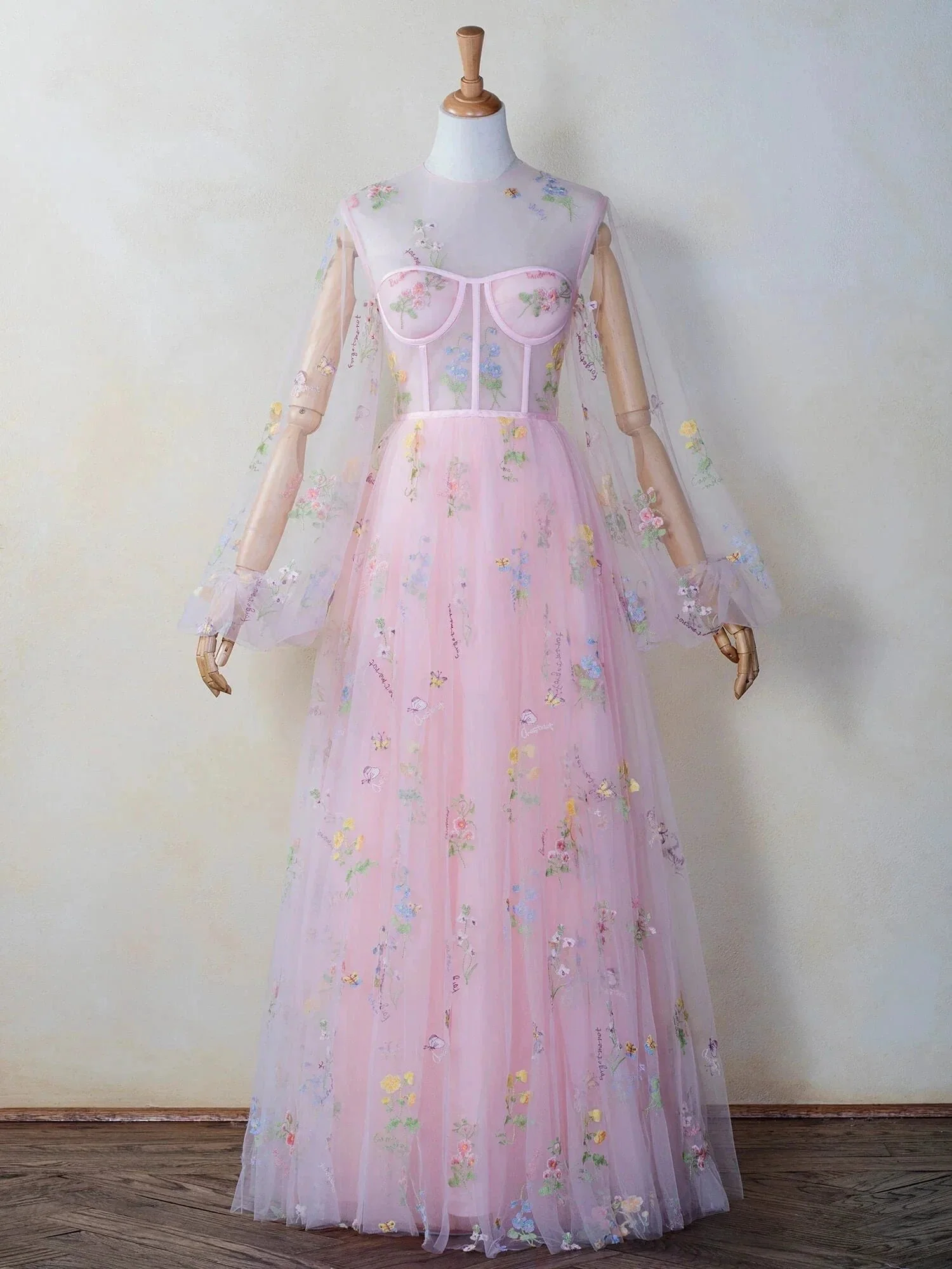 Illusion Neck Floor Length Tulle Pink Prom Dress - Image 3
