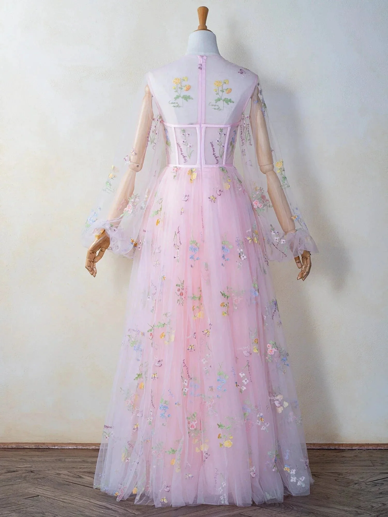 Illusion Neck Floor Length Tulle Pink Prom Dress - Image 4
