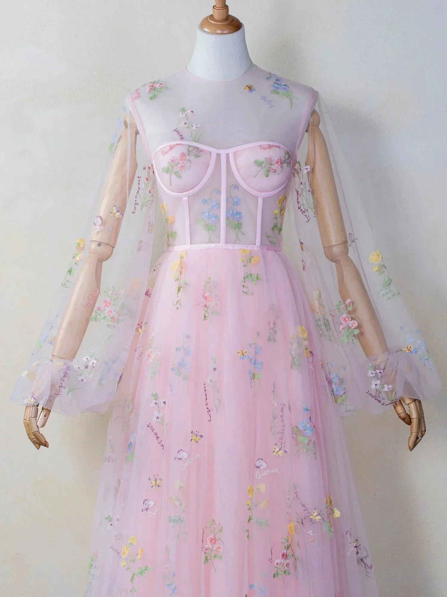 Illusion Neck Floor Length Tulle Pink Prom Dress - Image 5