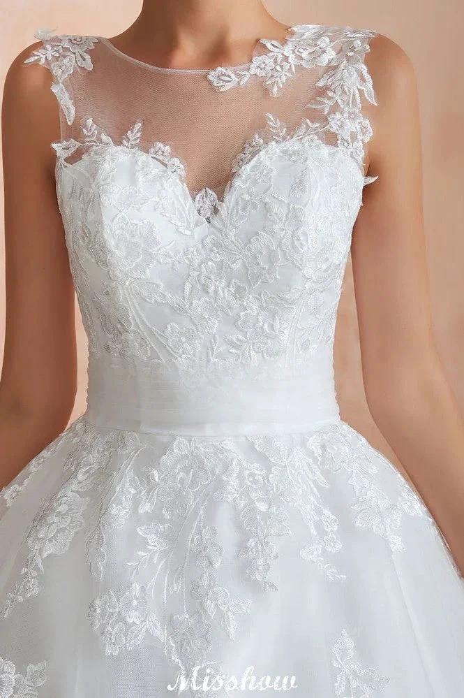 Illusion Neck White Wedding Dress Sleeveless Lace Appliques Bridal Gown online - Image 10