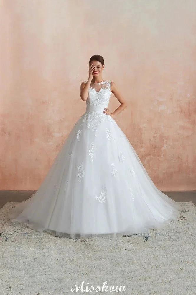Illusion Neck White Wedding Dress Sleeveless Lace Appliques Bridal Gown online - Image 2