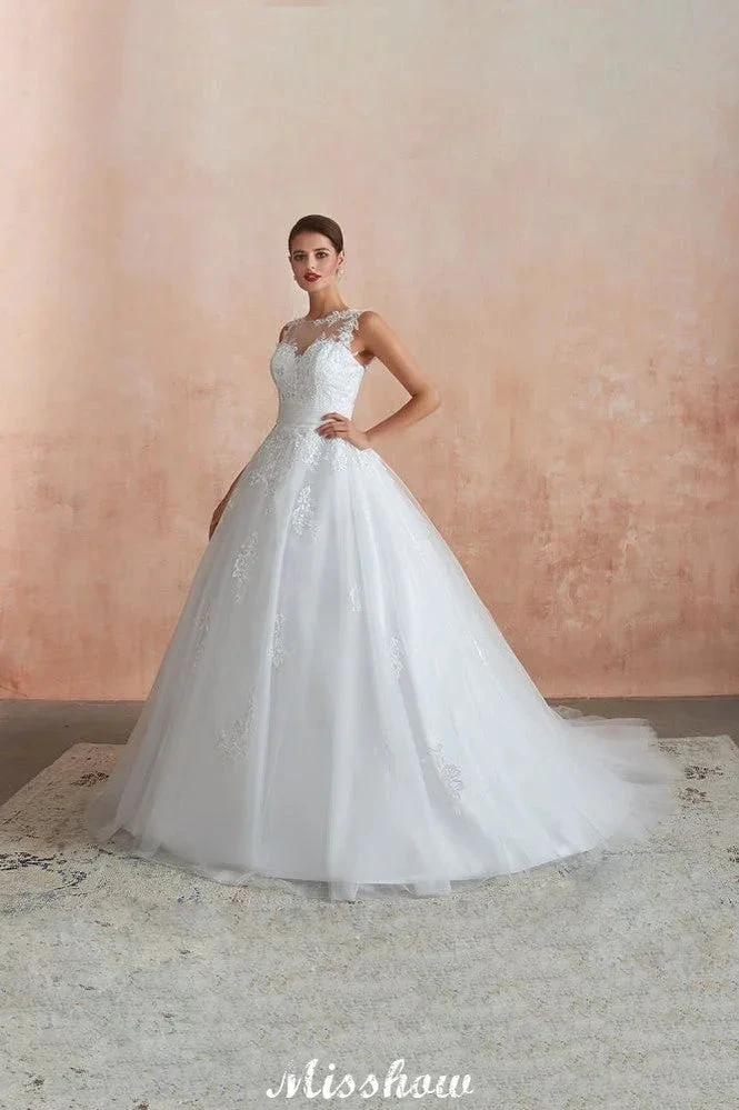 Illusion Neck White Wedding Dress Sleeveless Lace Appliques Bridal Gown online - Image 3