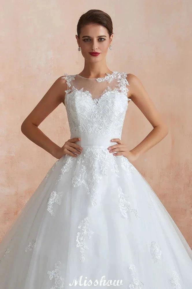 Illusion Neck White Wedding Dress Sleeveless Lace Appliques Bridal Gown online - Image 4