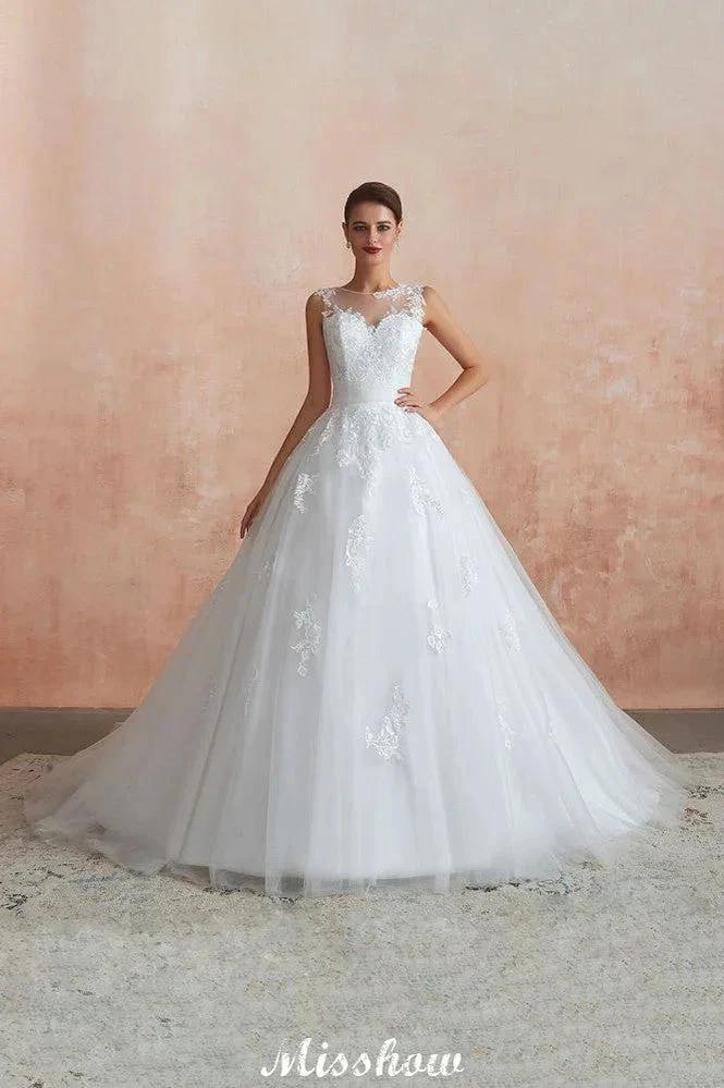 Illusion Neck White Wedding Dress Sleeveless Lace Appliques Bridal Gown online - Image 5