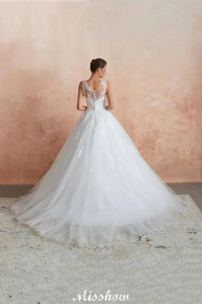 Illusion Neck White Wedding Dress Sleeveless Lace Appliques Bridal Gown online - Image 6