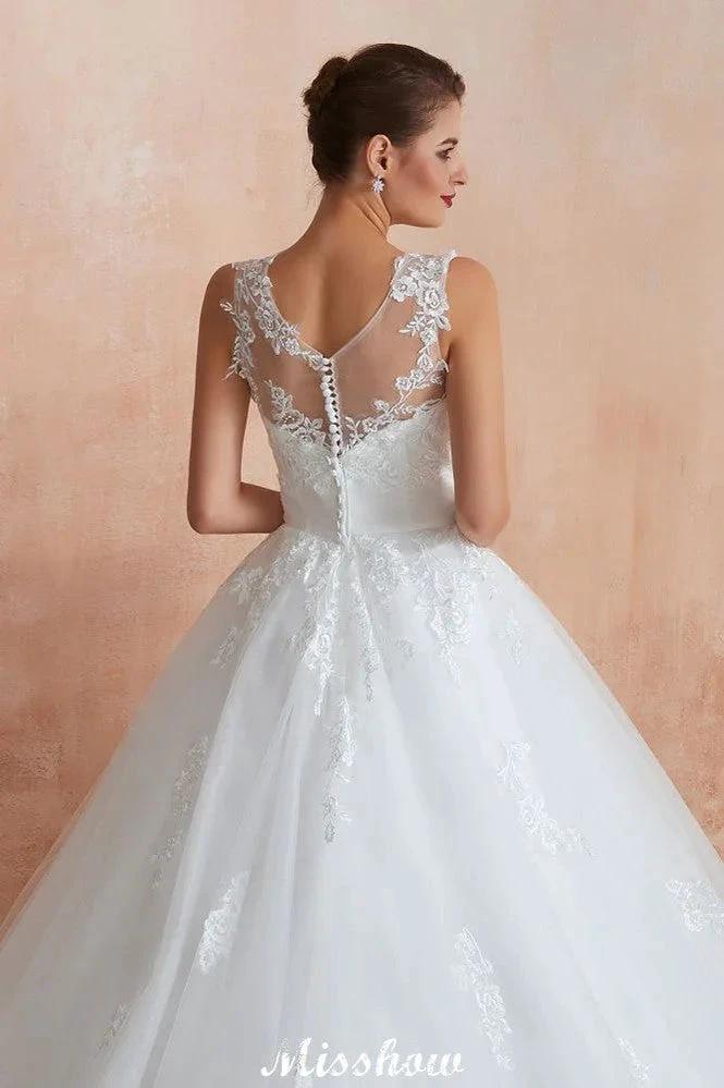 Illusion Neck White Wedding Dress Sleeveless Lace Appliques Bridal Gown online - Image 7