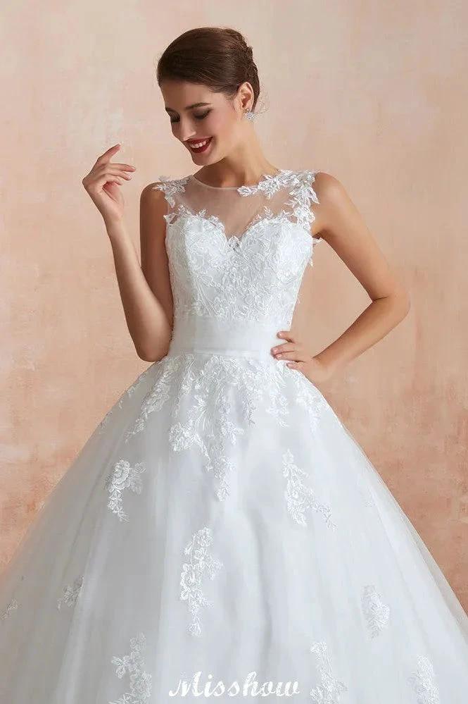 Illusion Neck White Wedding Dress Sleeveless Lace Appliques Bridal Gown online - Image 8