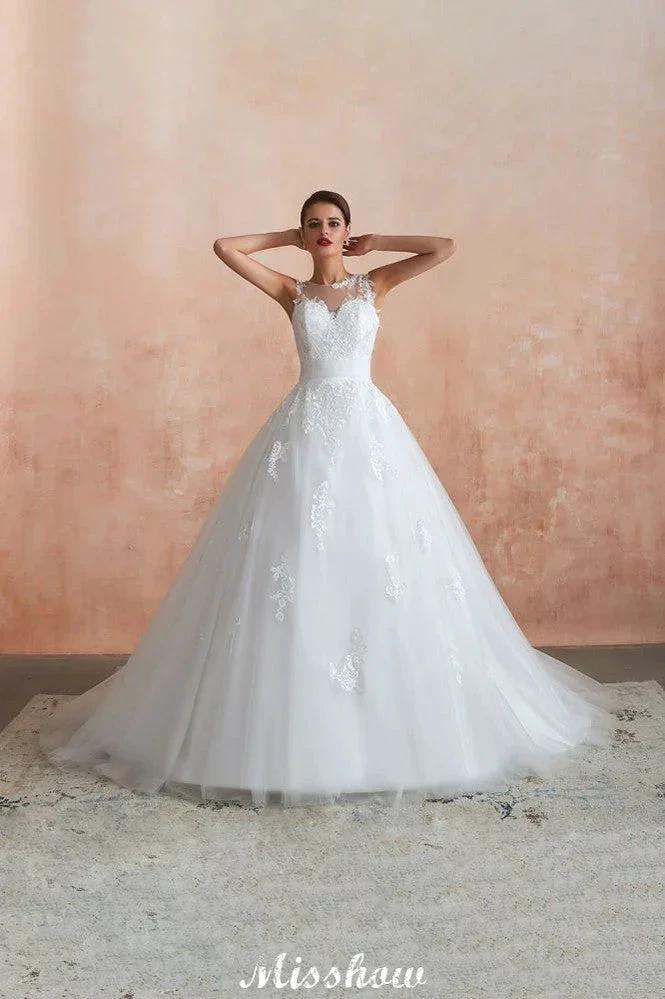 Illusion Neck White Wedding Dress Sleeveless Lace Appliques Bridal Gown online - Image 9