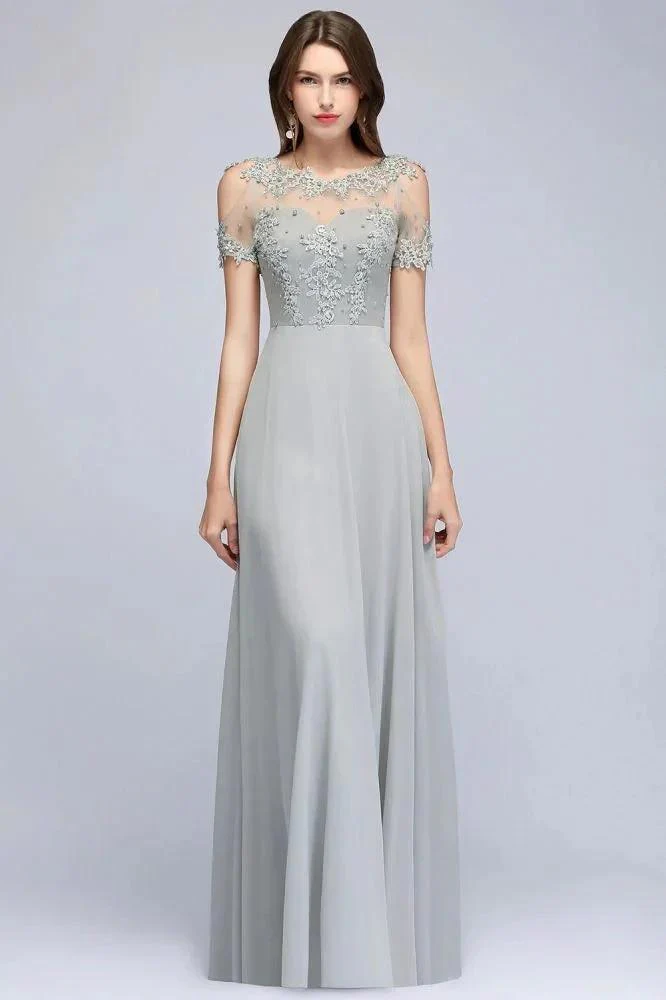 Illusion Neckline Long Appliques Chiffon Prom Dresses - Image 7