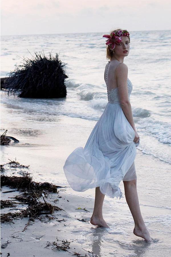 Illusion Neckline Sheer Back Beach Lace Chiffon Wedding Dress WD055 - Image 2