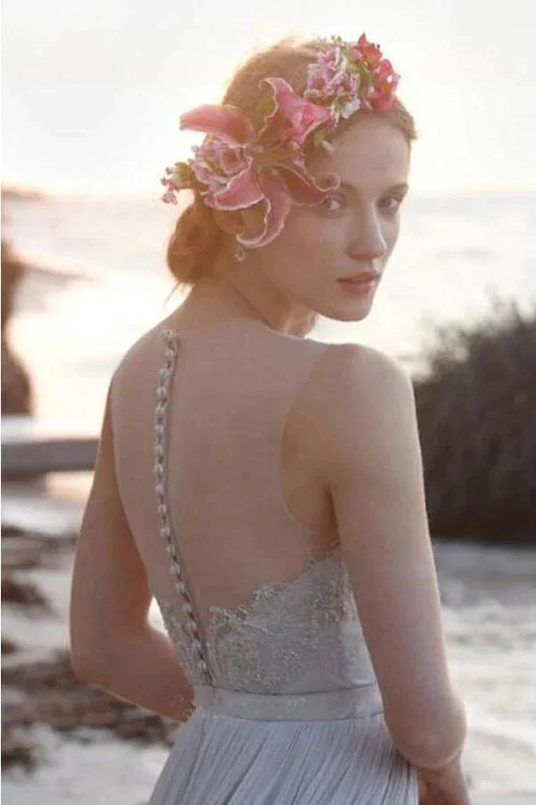 Illusion Neckline Sheer Back Beach Lace Chiffon Wedding Dress WD055 - Image 3