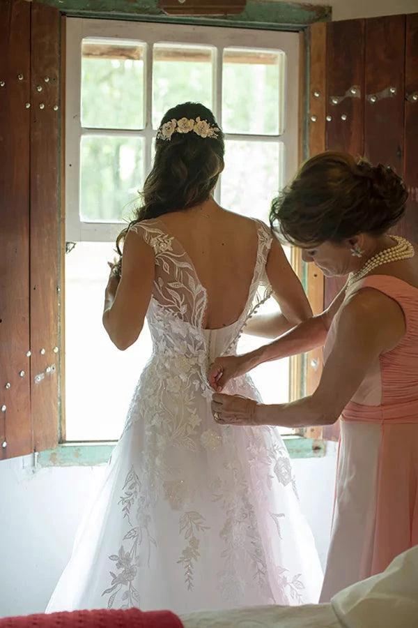 Illustion Scoop Neck White Floral Lace Wedding Dress Floor Length WD622 - Image 3