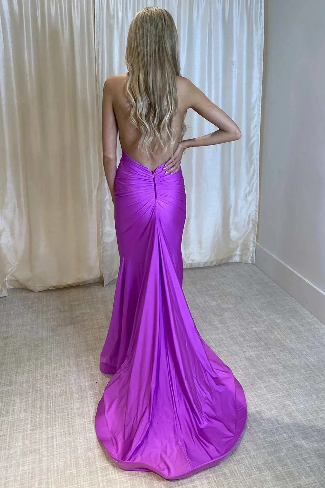 Ilse | Purple Halter Open Back Trumpet Long Formal Dress - Image 2