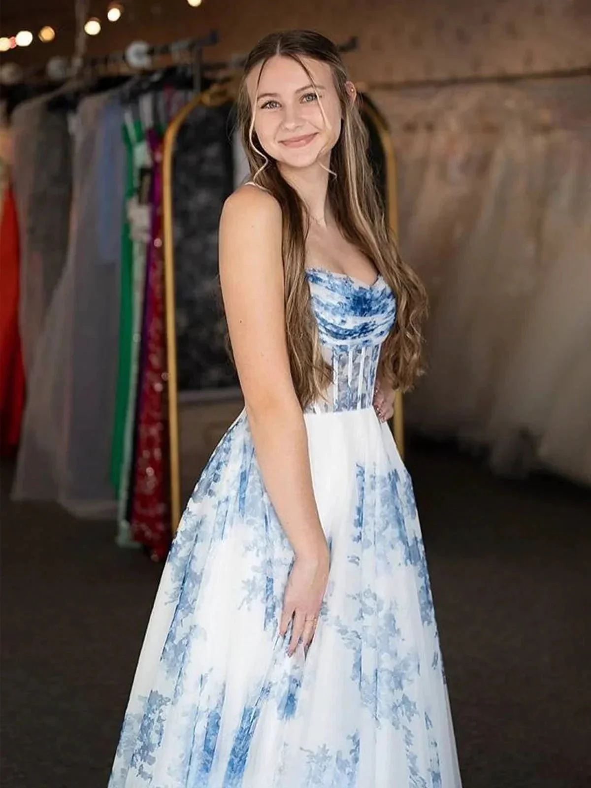 Inez | A-Line Strapless Blue Floral Print Long Prom Dresses - Image 2