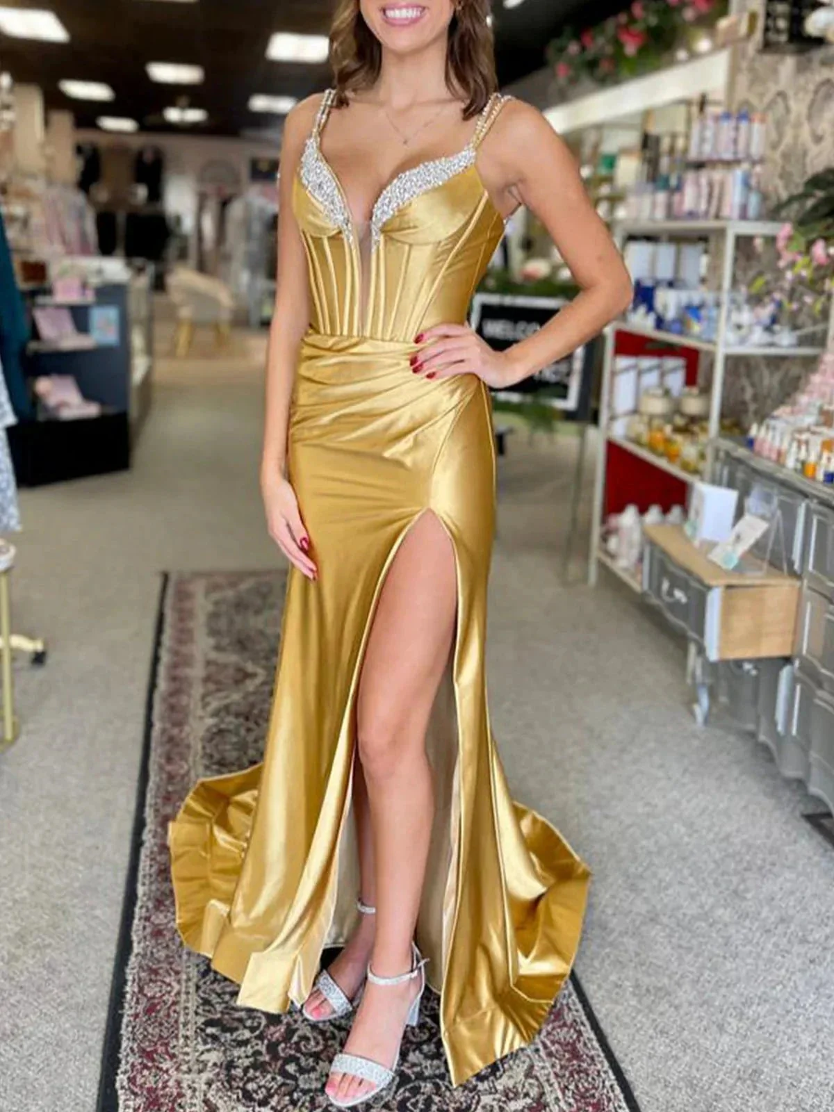 Ingris |  Fuchsia Mermaid V Neck Satin Long Prom Dresses with Beading - Image 3