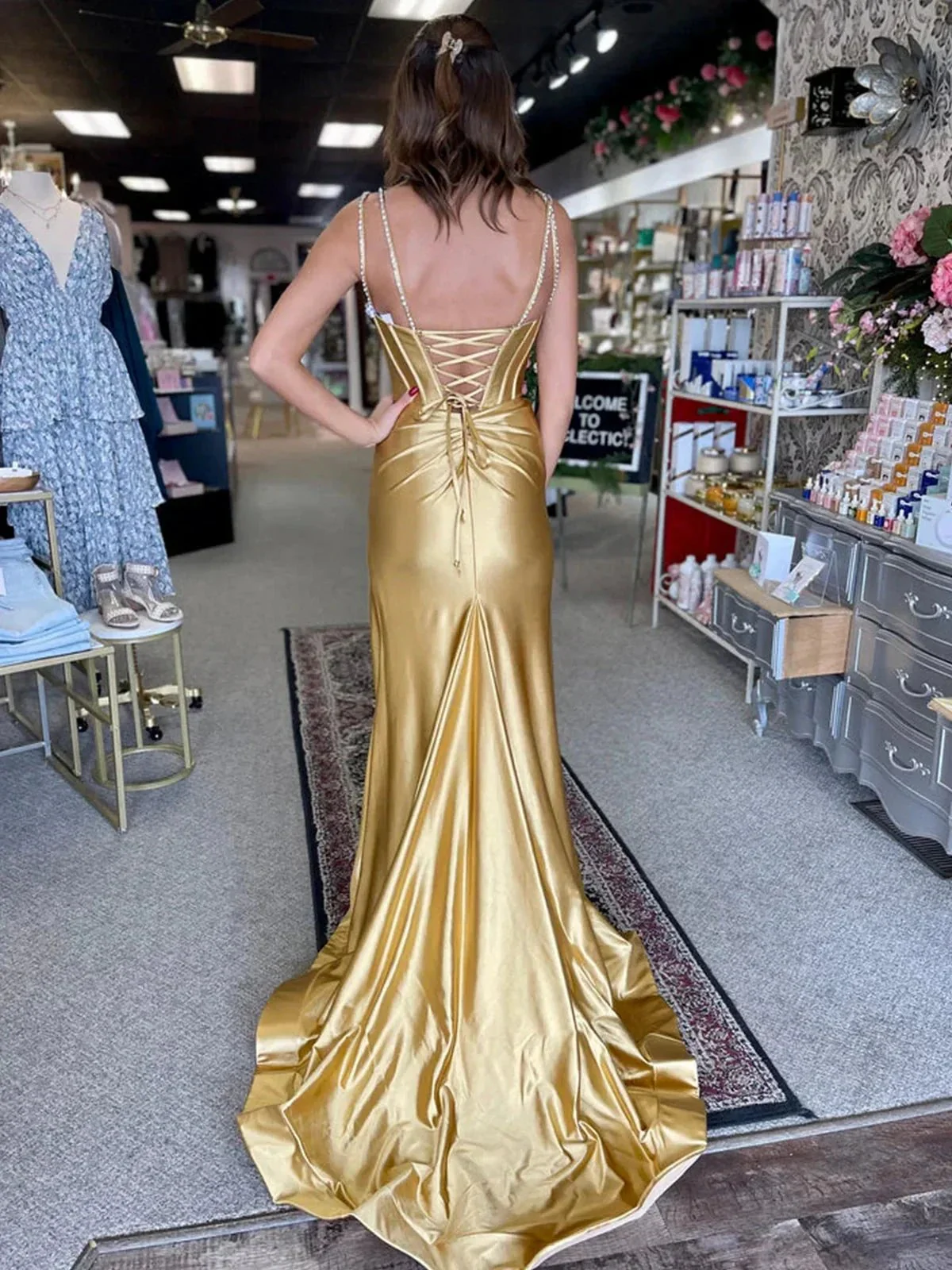 Ingris |  Fuchsia Mermaid V Neck Satin Long Prom Dresses with Beading - Image 4