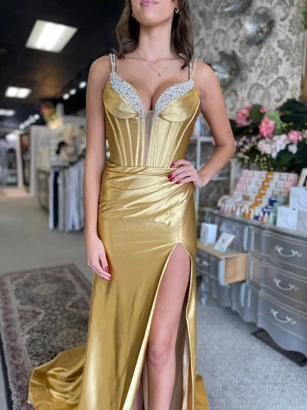 Ingris |  Fuchsia Mermaid V Neck Satin Long Prom Dresses with Beading - Image 5