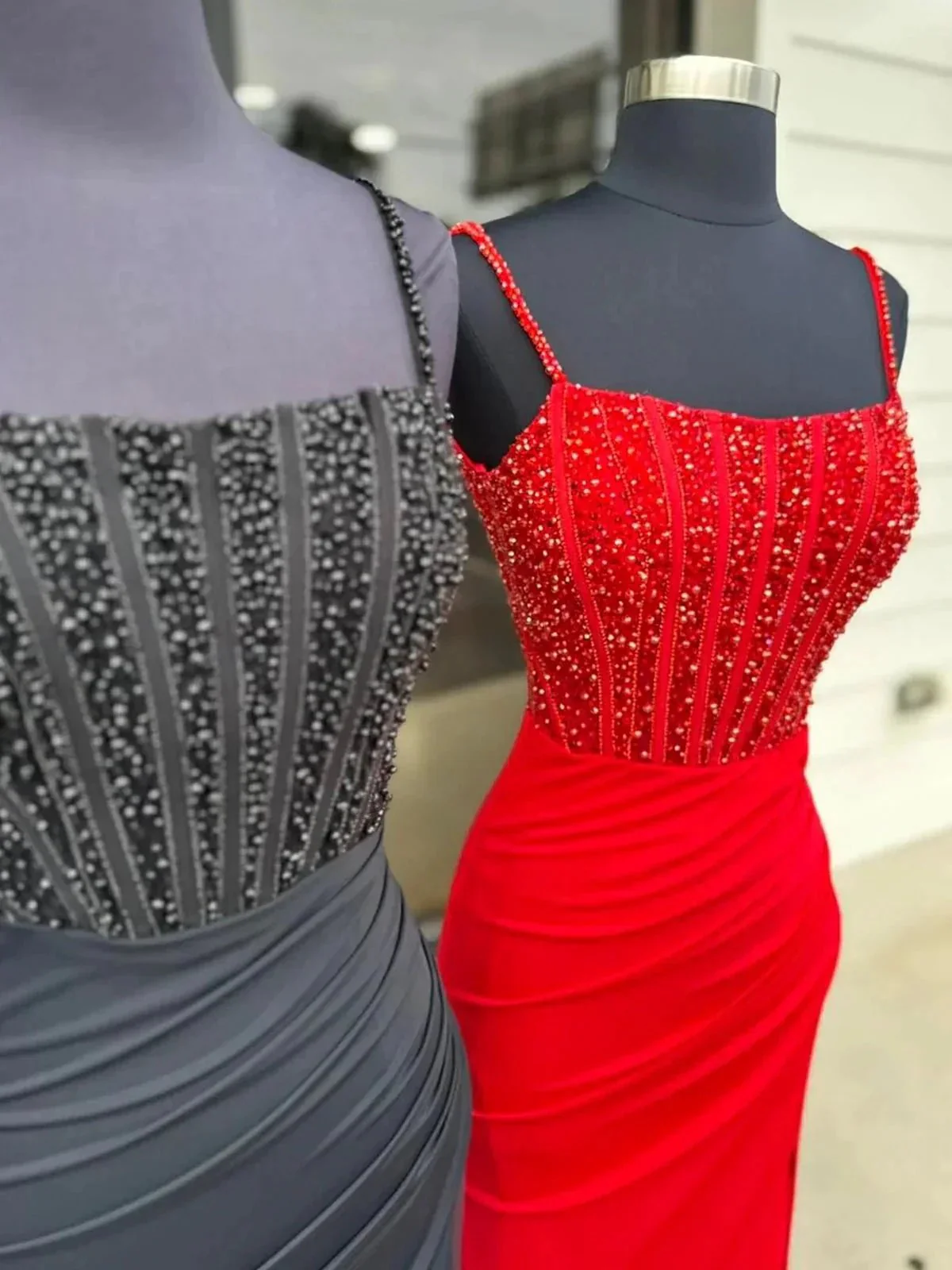 Iolanthe | Mermaid Square Neck Red Beaded Long Prom Dress with Slit - Image 3
