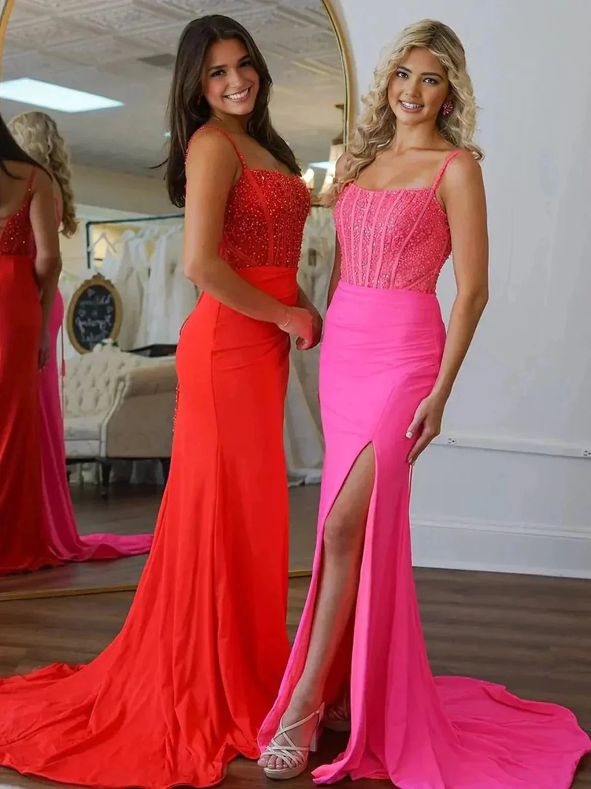 Iolanthe | Mermaid Square Neck Red Beaded Long Prom Dress with Slit - Image 5