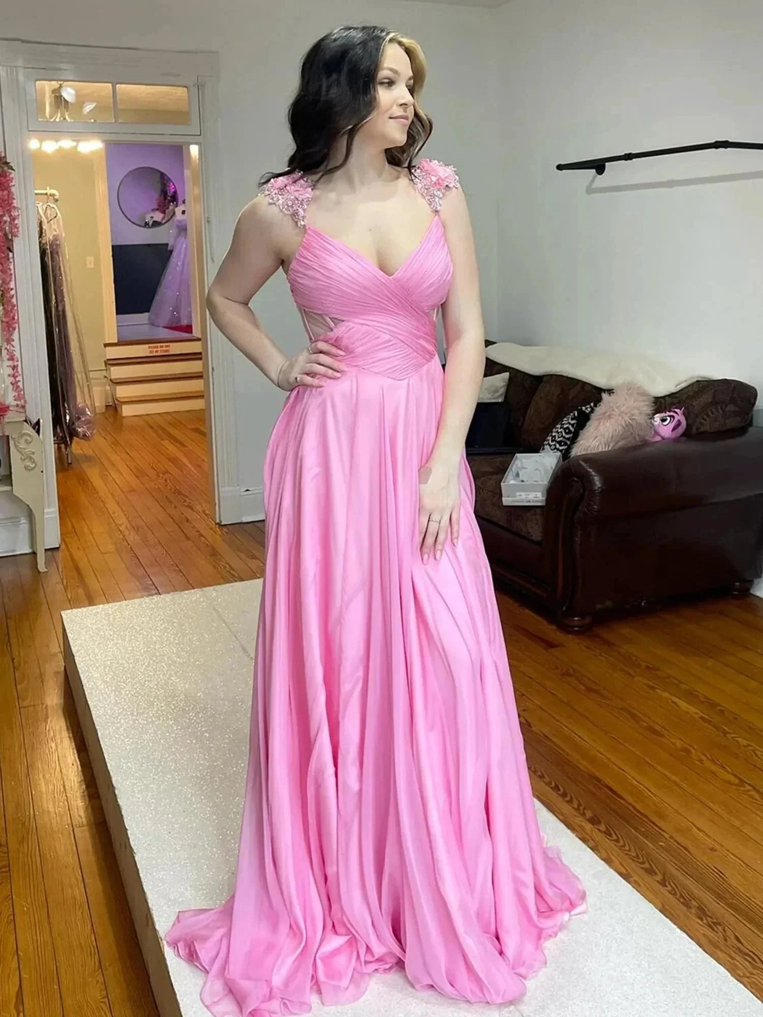 Iona | Pink Pleated Chiffon A-line Long Prom Dress - Image 2