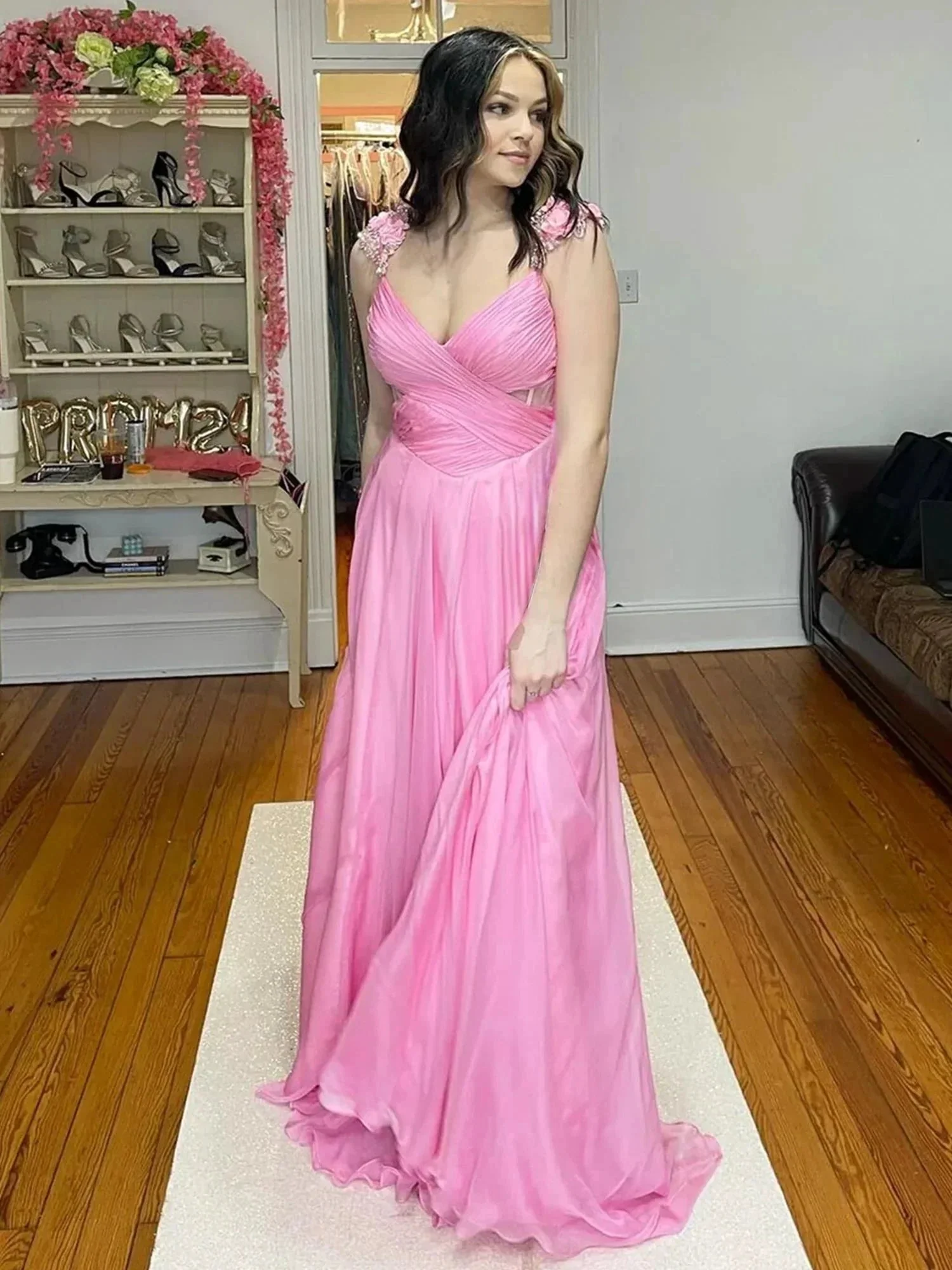 Iona | Pink Pleated Chiffon A-line Long Prom Dress - Image 3