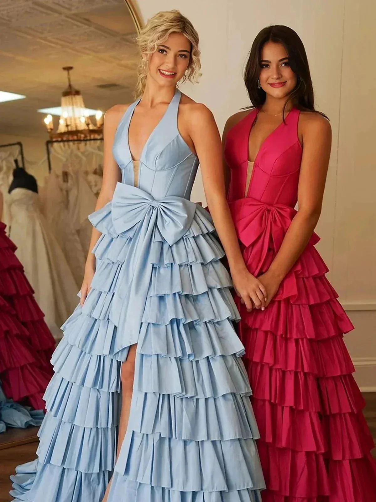 Iridium | Halter A-Line Blue Satin Long Ruffled Prom Dress With Slit - Image 2