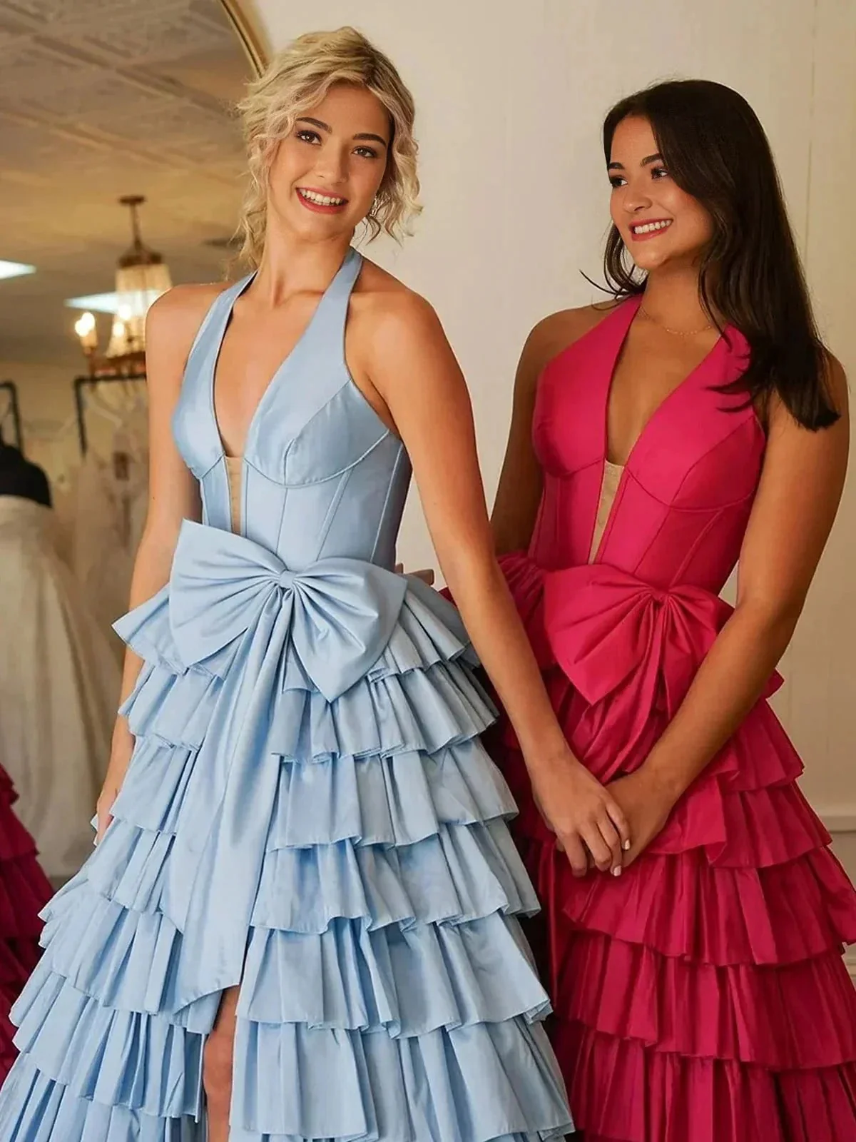 Iridium | Halter A-Line Blue Satin Long Ruffled Prom Dress With Slit - Image 3