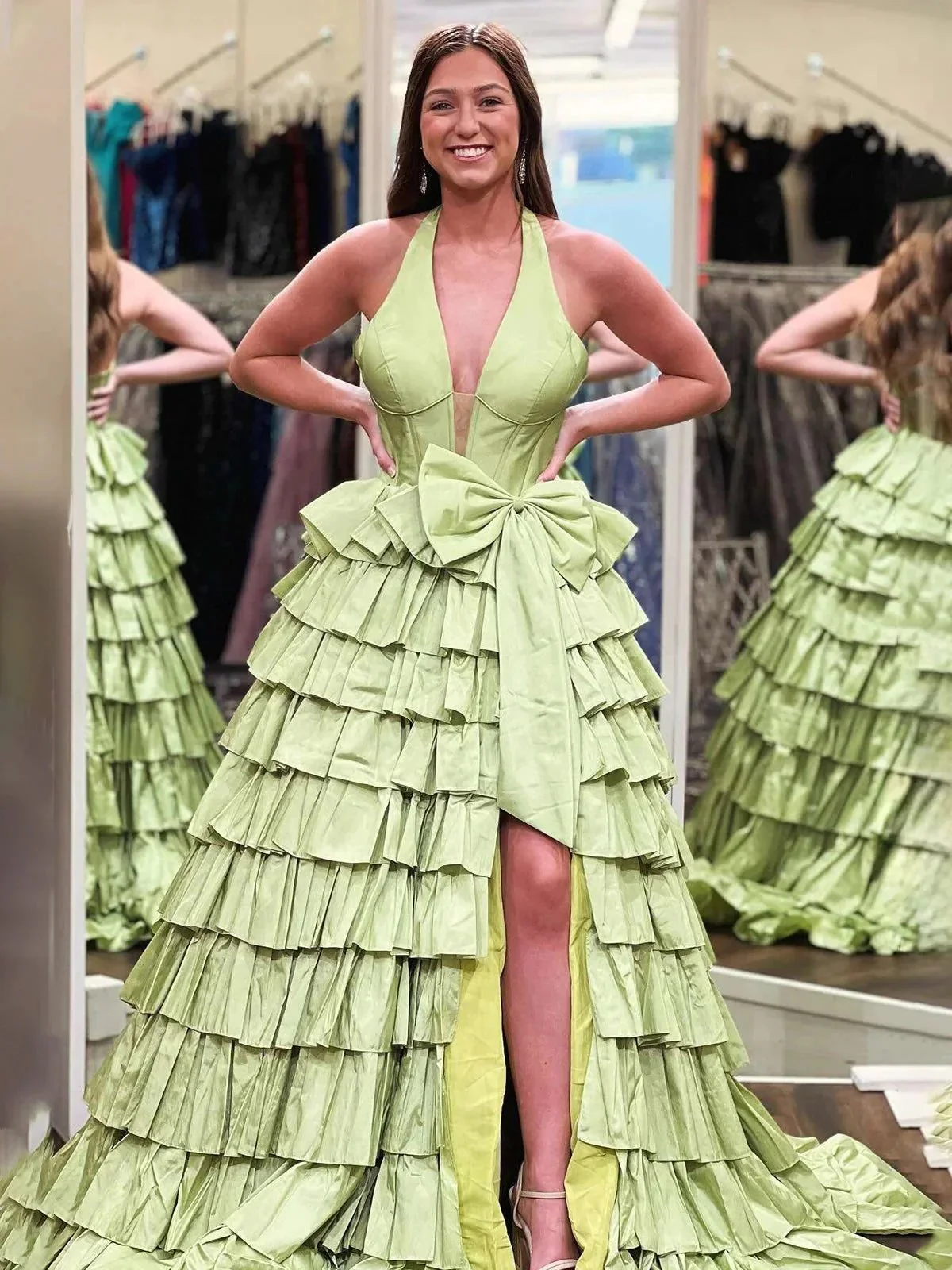 Iridium | Halter A-Line Blue Satin Long Ruffled Prom Dress With Slit - Image 7