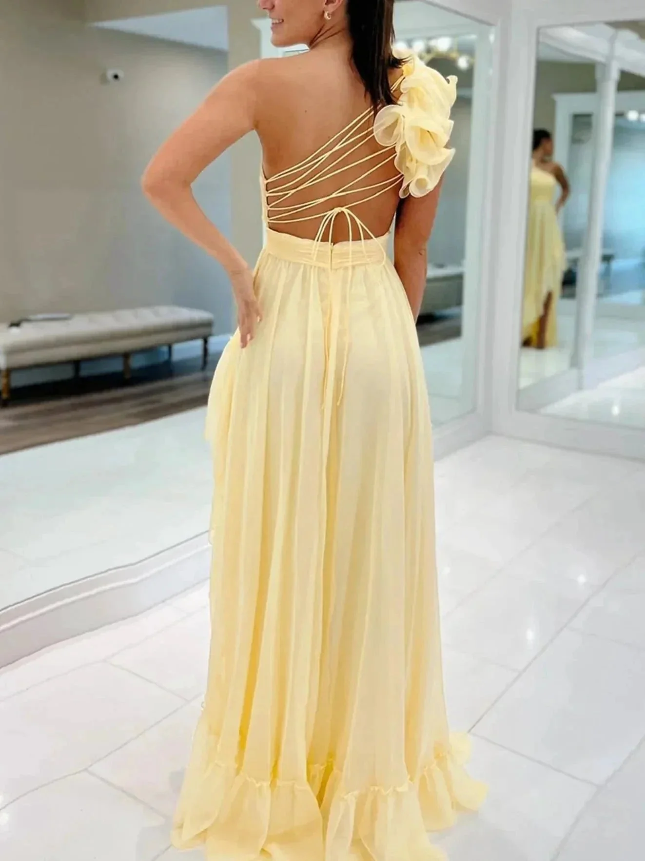 Ishmael | Light Yellow A-line One Shoulder Lace-Up Pleated Ruffle High-Low Prom Dress - Image 2
