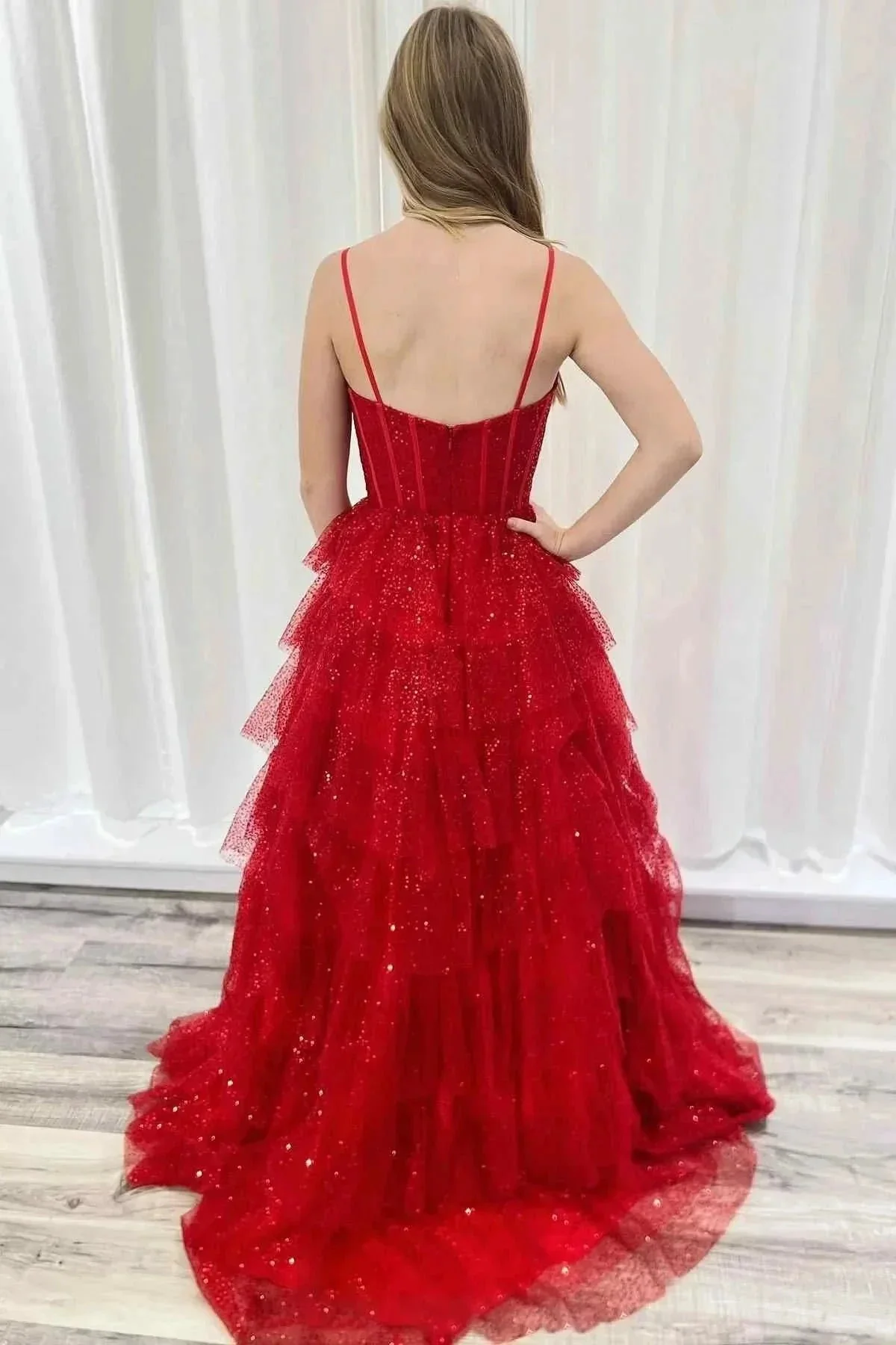 Isoline | Gorgeous Sparkle Tulle Red Spaghetti Straps Ruched Prom Dress - Image 2