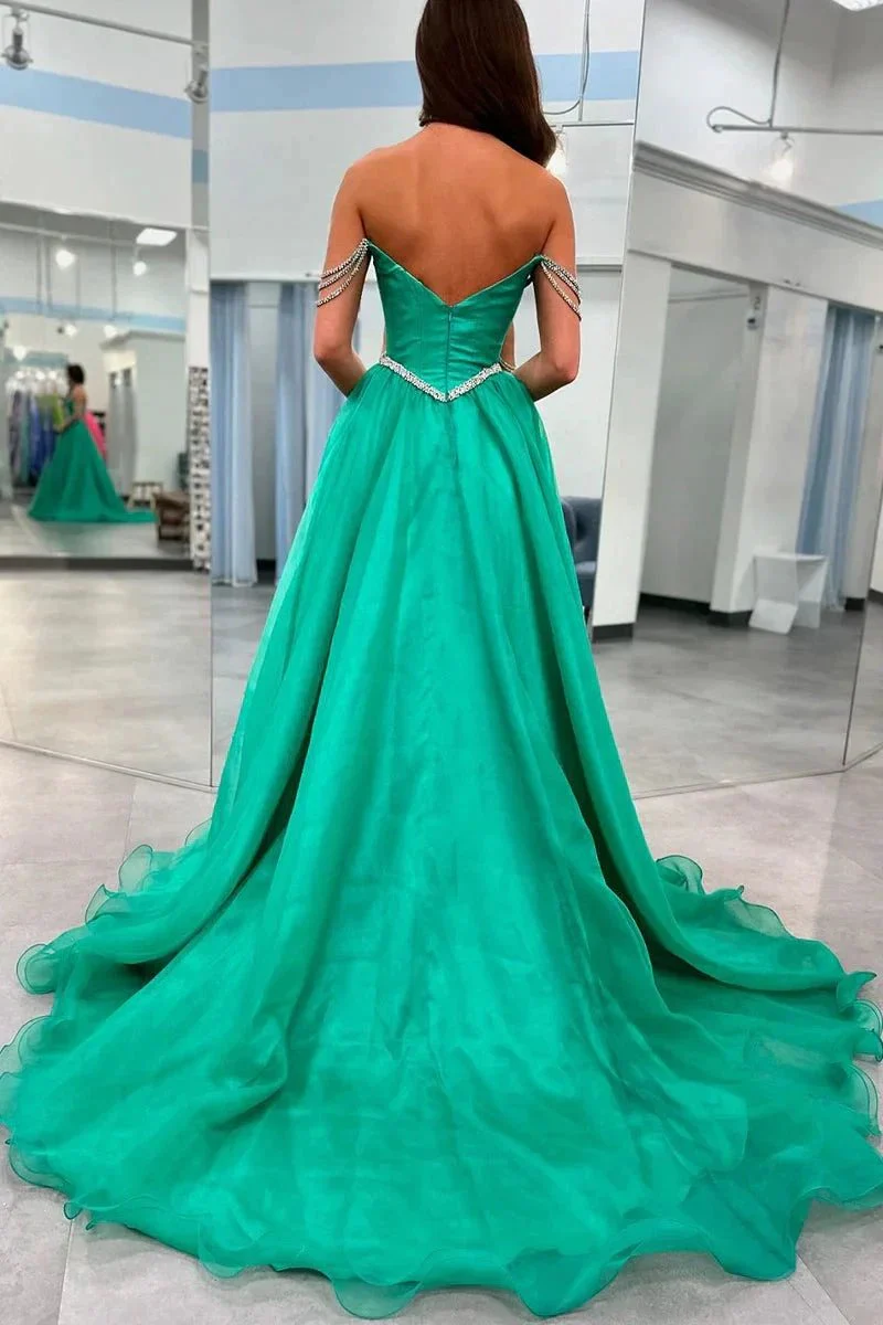 Ivayla | Ball Gown Strapless Green Tulle Beaded Long Prom Dresses with Slit - Image 2
