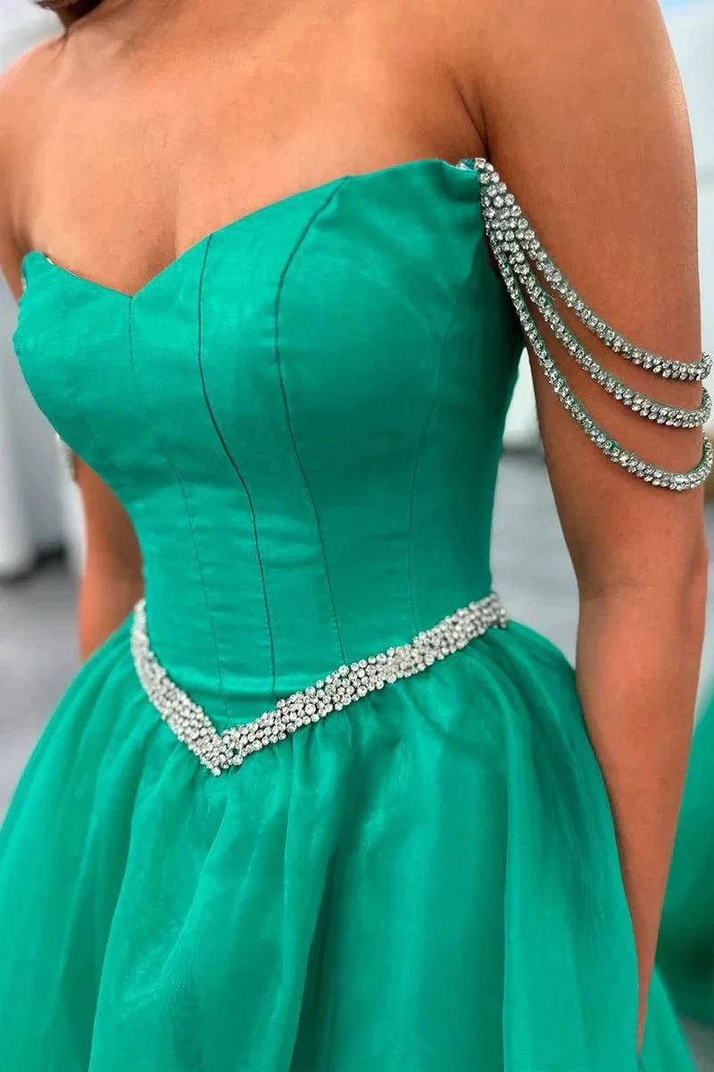 Ivayla | Ball Gown Strapless Green Tulle Beaded Long Prom Dresses with Slit - Image 3