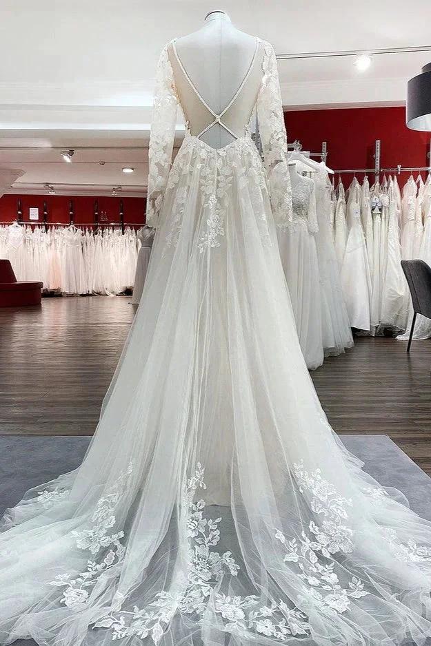 Ivory A-line Tulle Long Sleeves Lace Appliques Open Back Wedding Dresses - Image 2