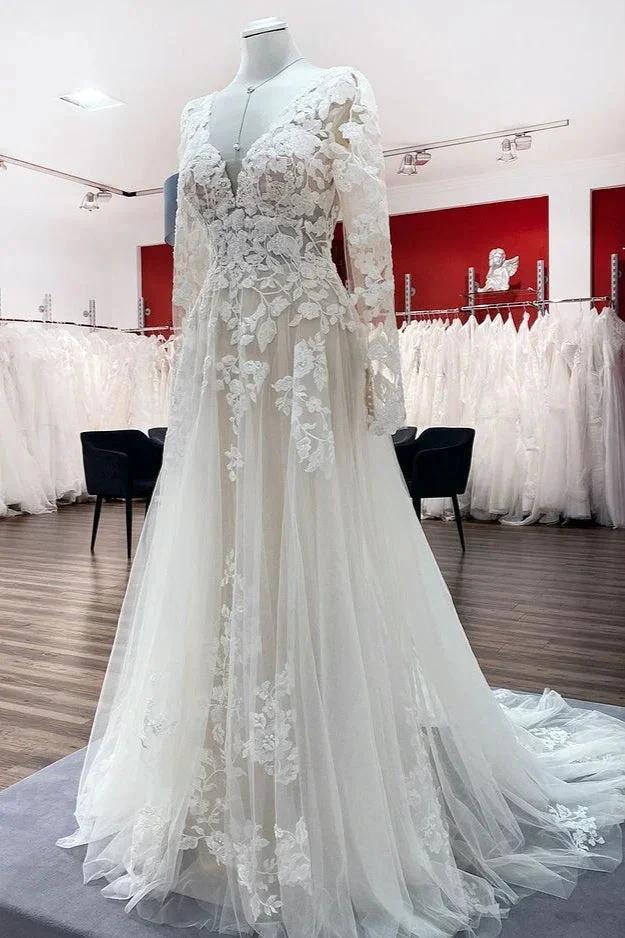 Ivory A-line Tulle Long Sleeves Lace Appliques Open Back Wedding Dresses - Image 3