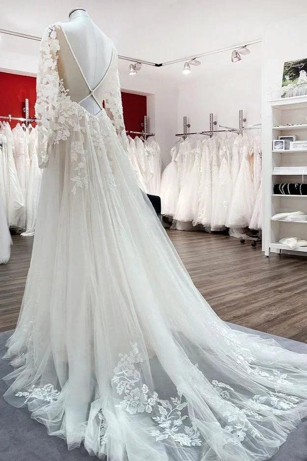 Ivory A-line Tulle Long Sleeves Lace Appliques Open Back Wedding Dresses - Image 4