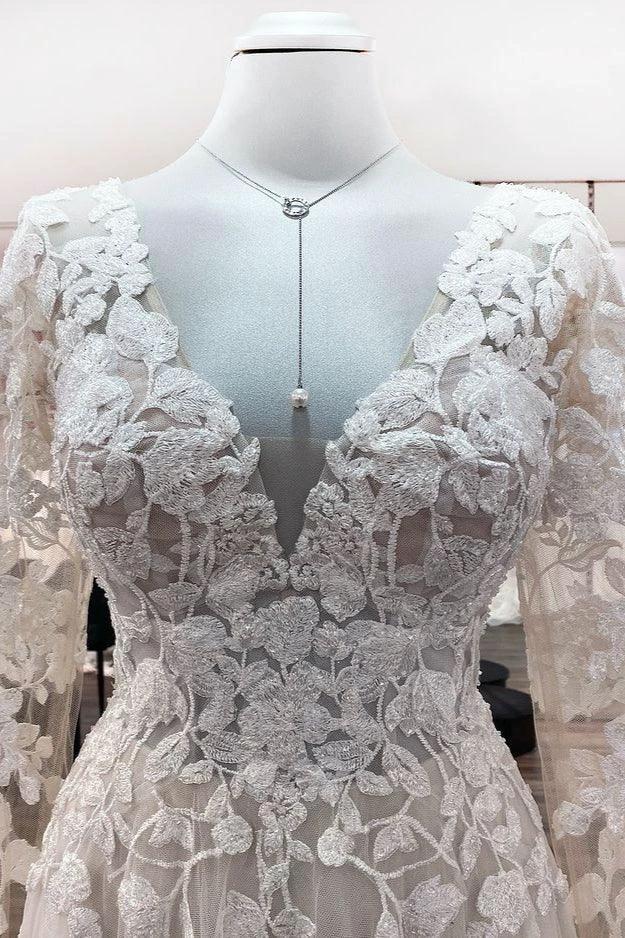 Ivory A-line Tulle Long Sleeves Lace Appliques Open Back Wedding Dresses - Image 5