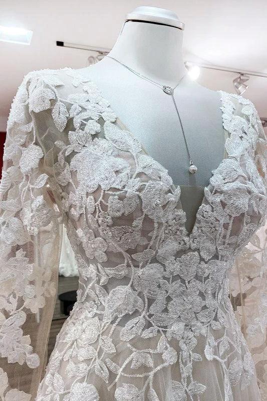 Ivory A-line Tulle Long Sleeves Lace Appliques Open Back Wedding Dresses - Image 6