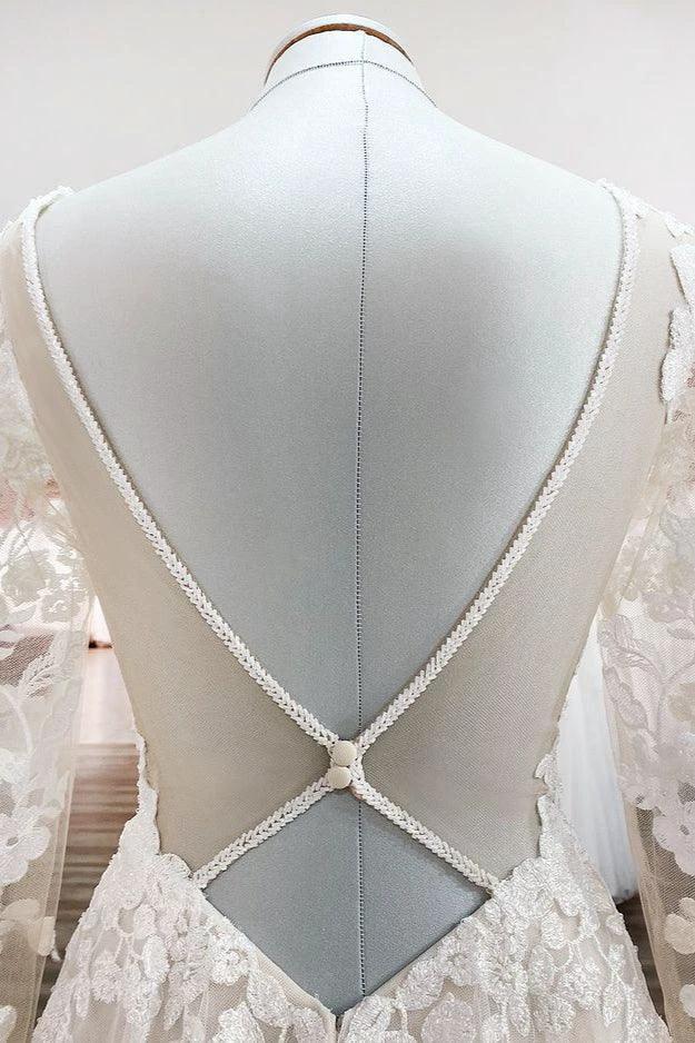 Ivory A-line Tulle Long Sleeves Lace Appliques Open Back Wedding Dresses - Image 7