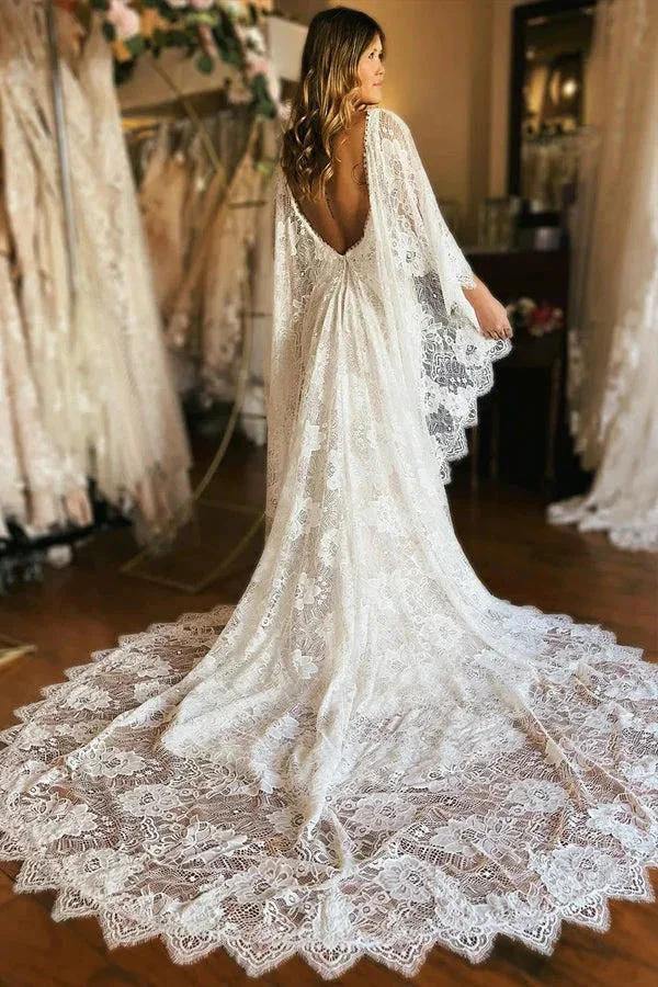 Ivory Batwing Sleeves Plunge Neck Mermaid Boho Wedding Dress WD740 - Image 2
