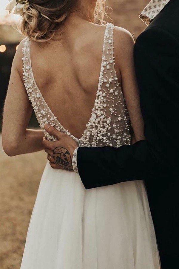 Ivory Beach Wedding Dresses See Through Pearl Beaded Wedding Dress   WD293 - Image 4