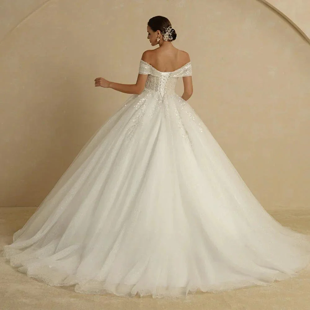 Ivory Beading Princess Wedding Dresses For Bride Off The Shoulder Sleeveless Women Glitter Ball Bridal Gown Robes - Image 2