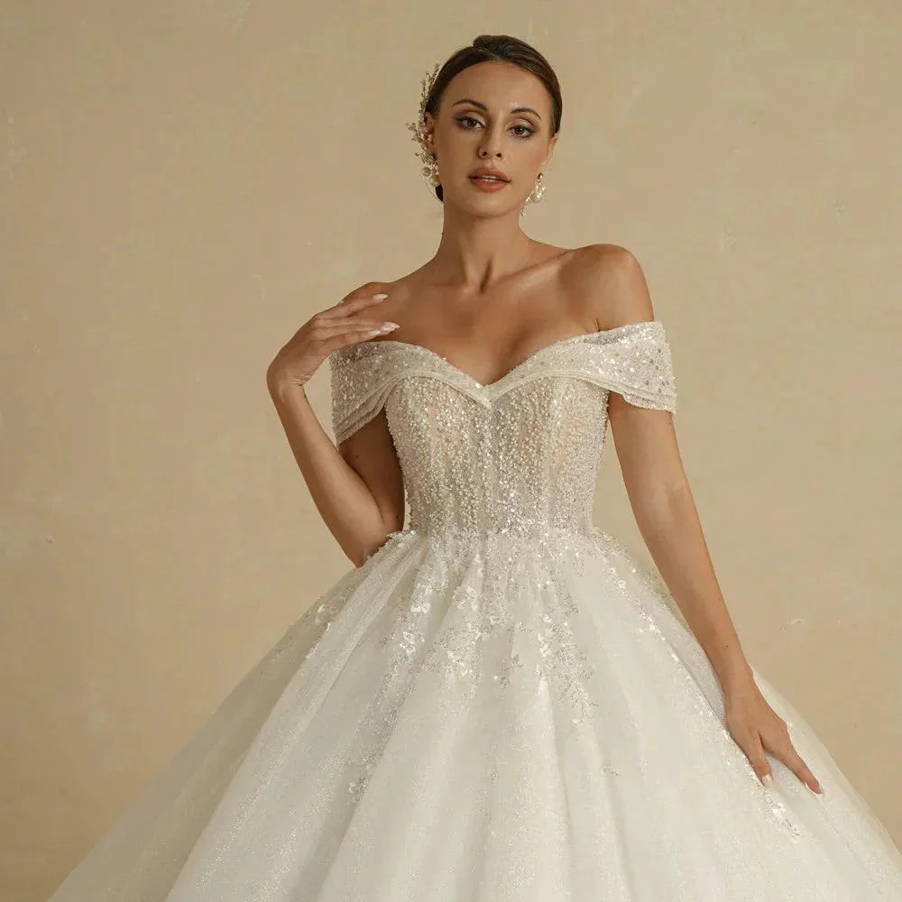 Ivory Beading Princess Wedding Dresses For Bride Off The Shoulder Sleeveless Women Glitter Ball Bridal Gown Robes - Image 3
