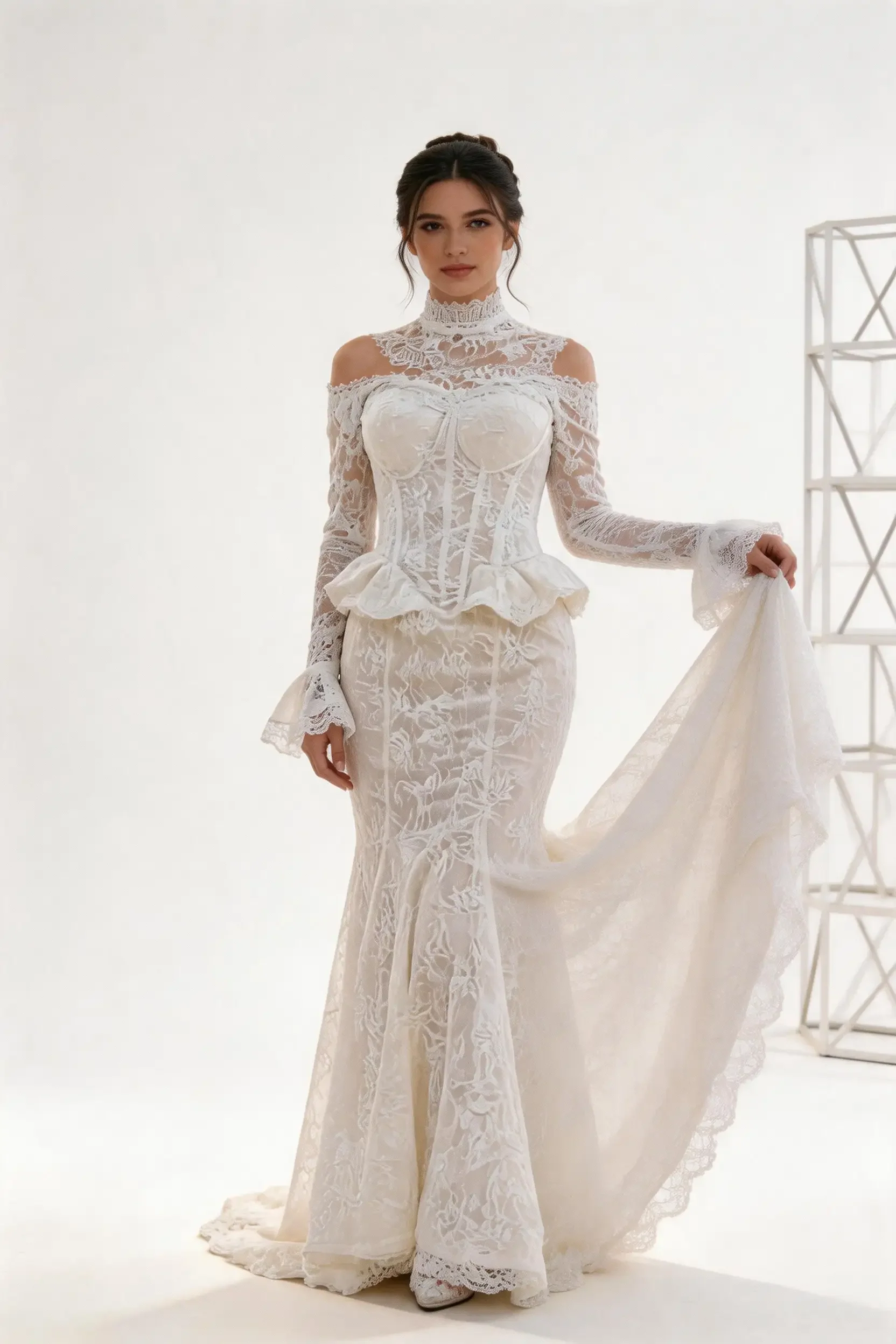 High-Neck Off-Shoulder Vintage Wedding Gown - Image 2