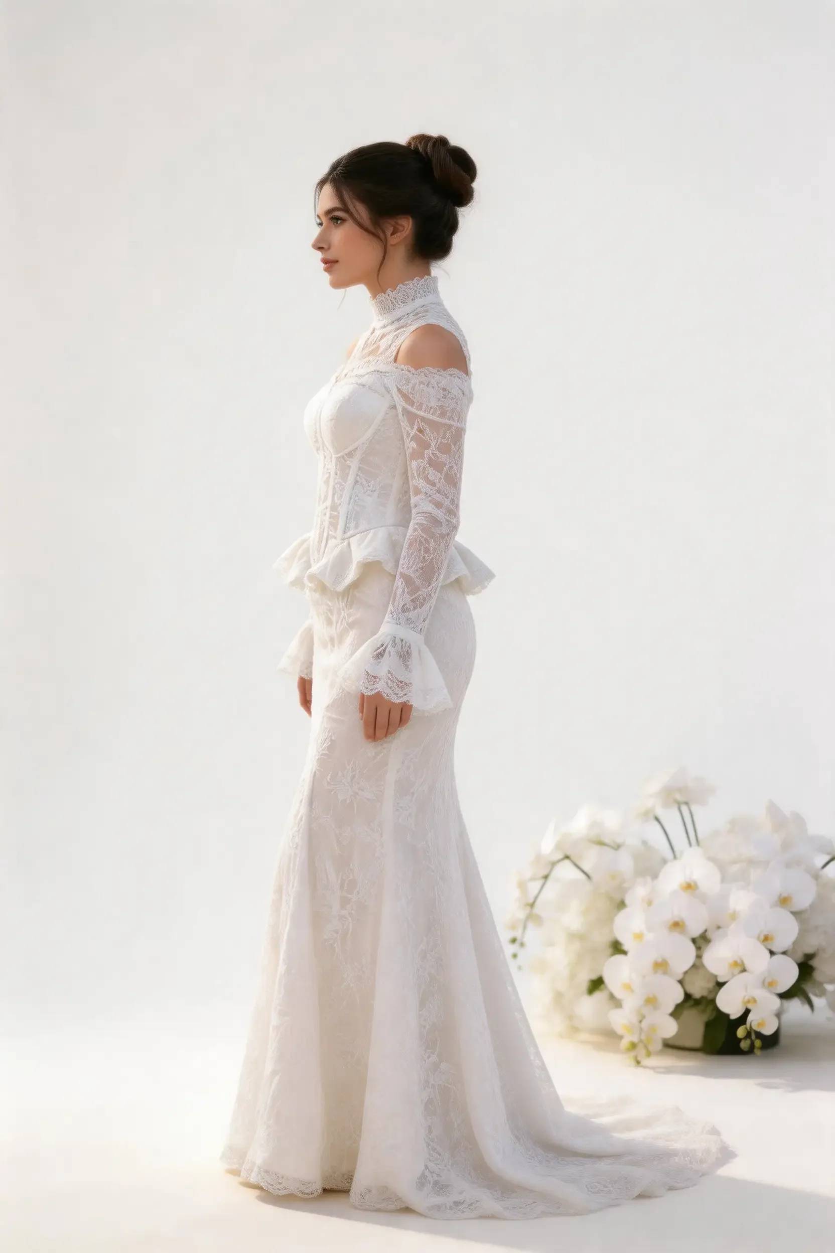 High-Neck Off-Shoulder Vintage Wedding Gown - Image 3